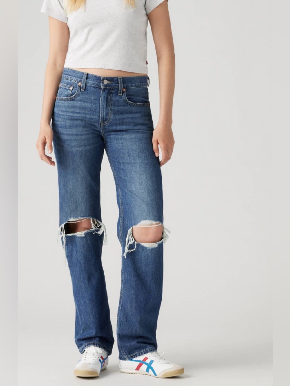 Levi's Low Pro Mid-Blue Straight Leg Jeans with Knee Rips 31